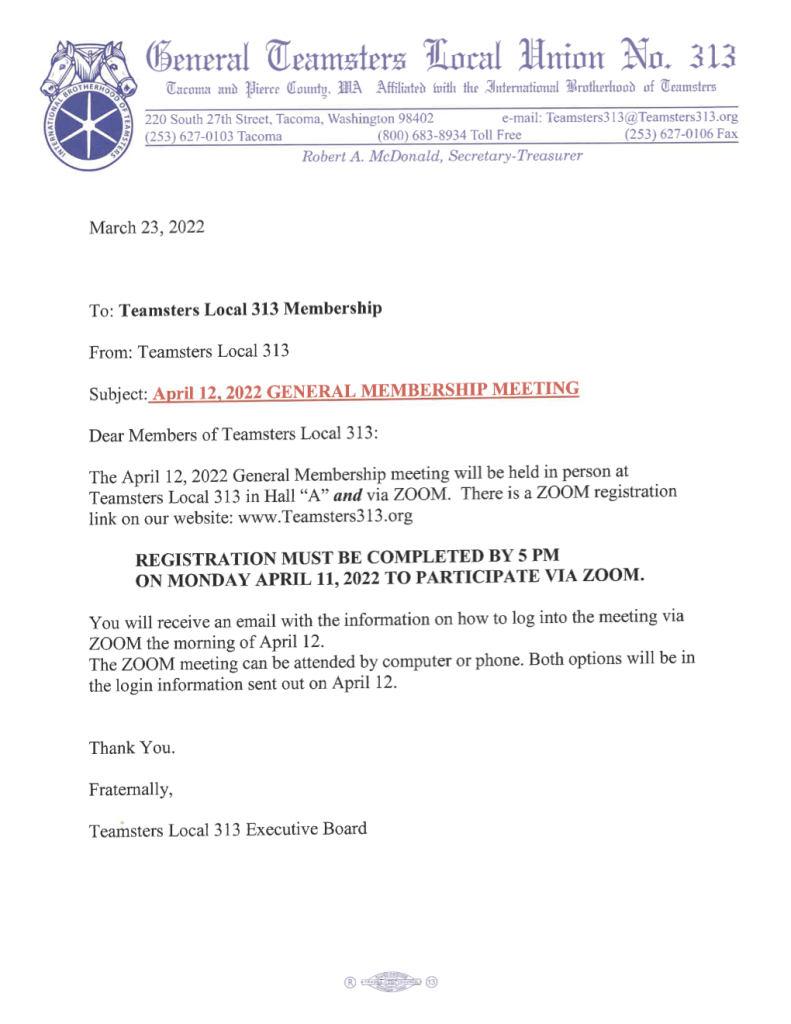 April 12, 2022 General Membership Meeting via In-Person and Zoom