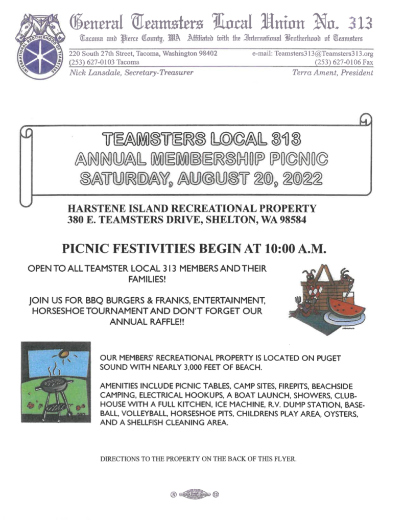Teamsters Local 313 Annual Membership Picnic – Saturday, August 20, 2022