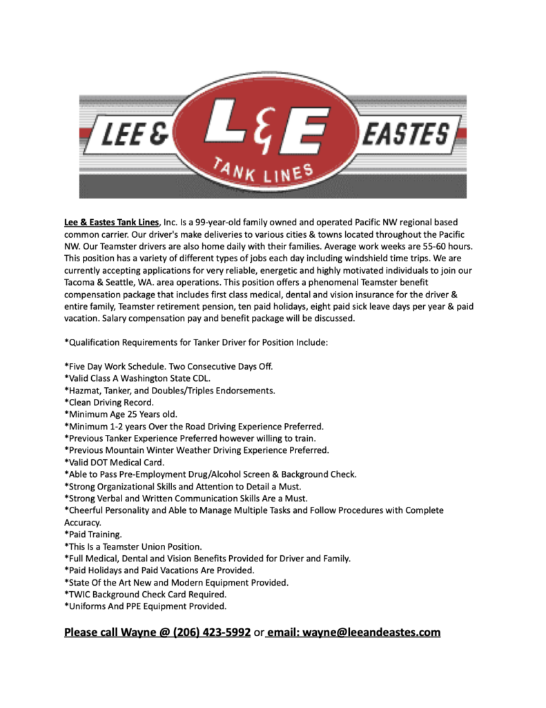 L&E Tank Lines – Tanker Driver Position