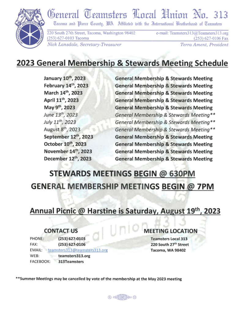 2023 General Membership & Stewards Meeting Schedule