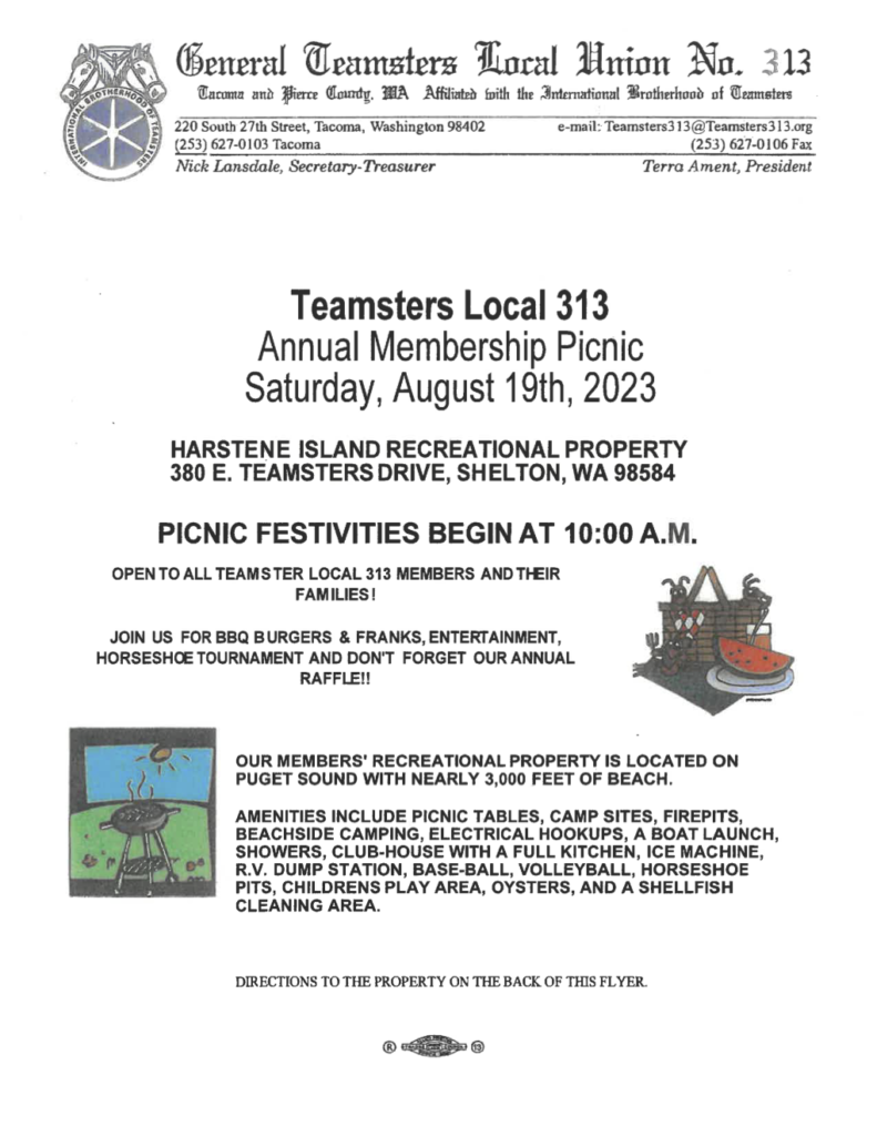 Teamsters Local 313 Annual Membership Picnic – Saturday, August 19th, 2023
