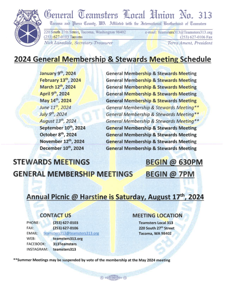2024 General Membership & Stewards Meeting Schedule